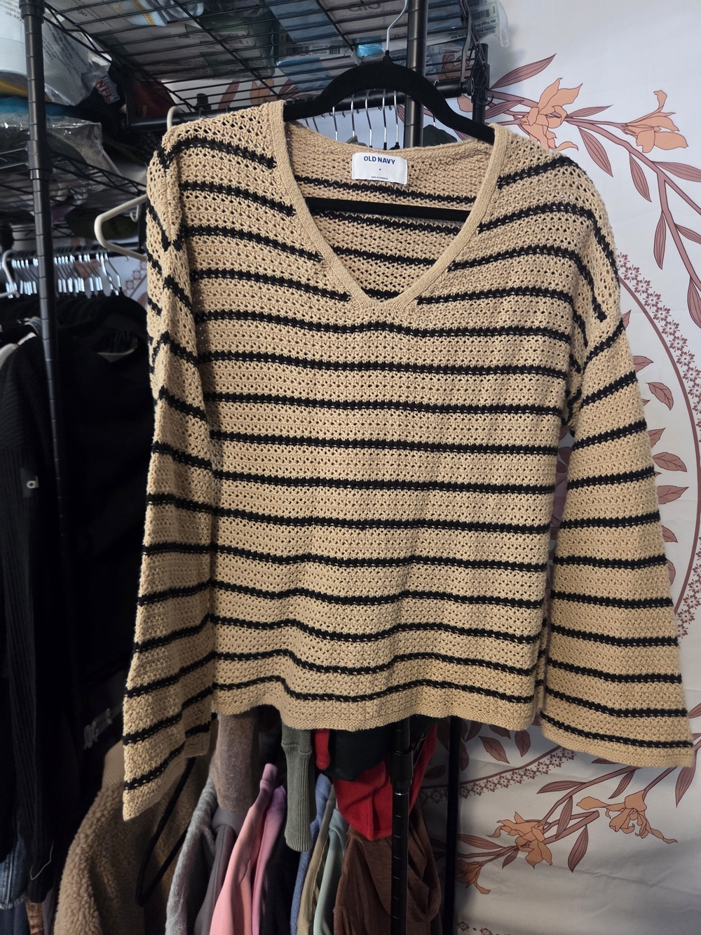Old Navy Women's Beige and Black Striped V-Neck Sweater
